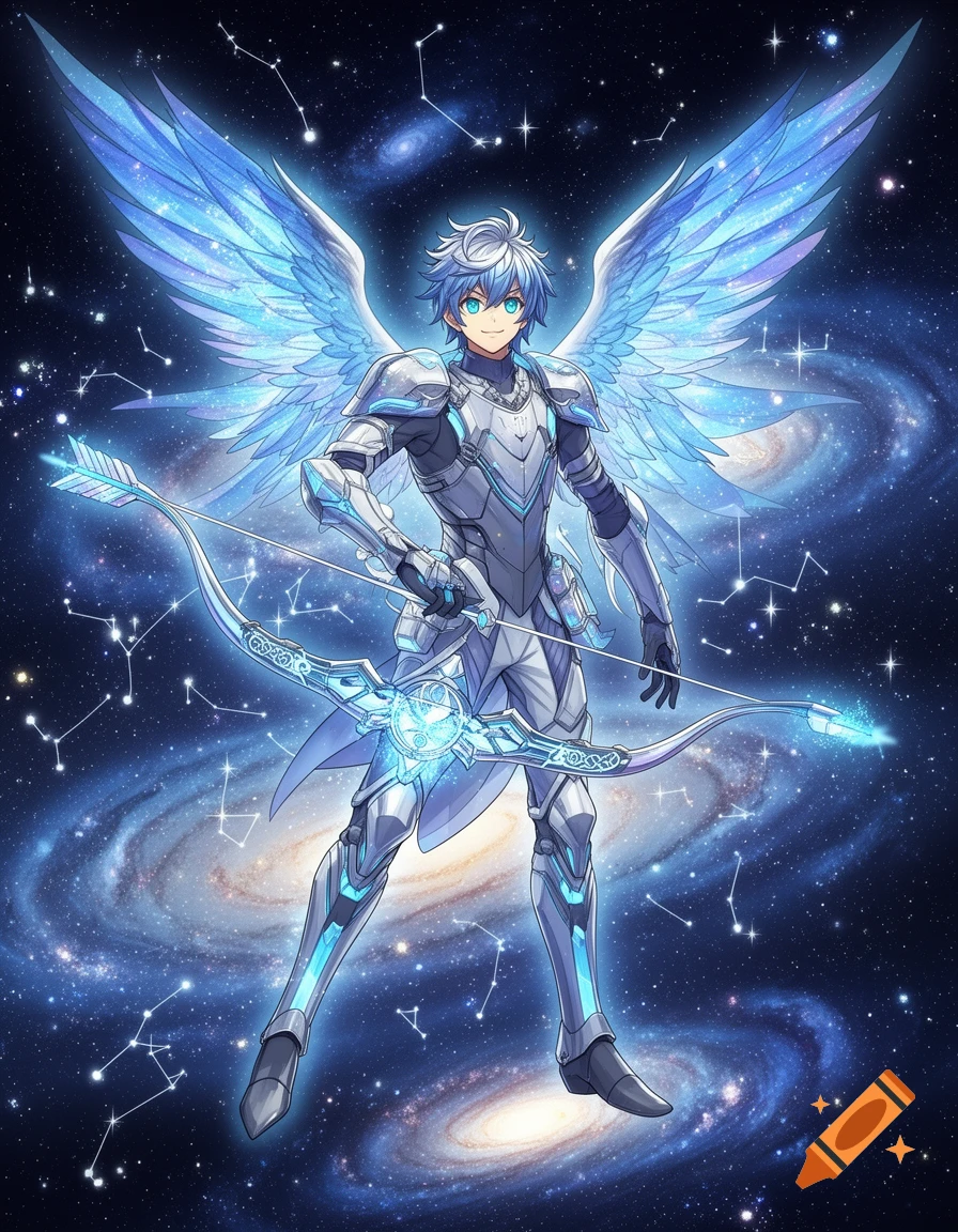 Anime boy with blue hair, glowing blue wings, and armor, holding a celestial bow and arrow against a cosmic galaxy background.