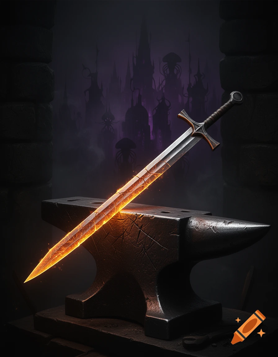 Glowing, cracked fantasy sword on a dark anvil in a dim forge, with an eerie purple mind flayer city backdrop.