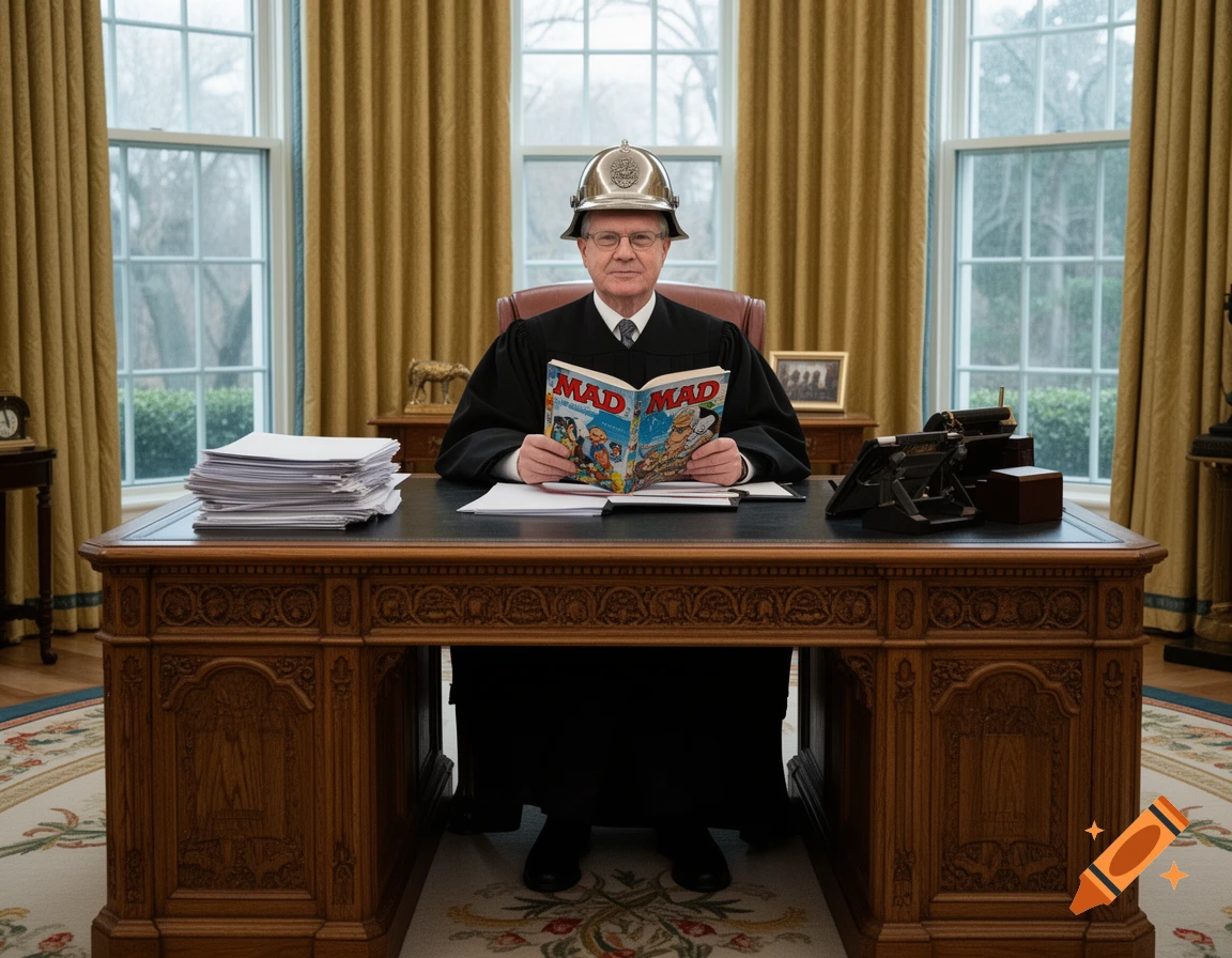 A man resembling Chief Justice John Roberts, wearing a judge's robe and a silver helmet, reads Mad Magazine at a desk in the Oval Office.