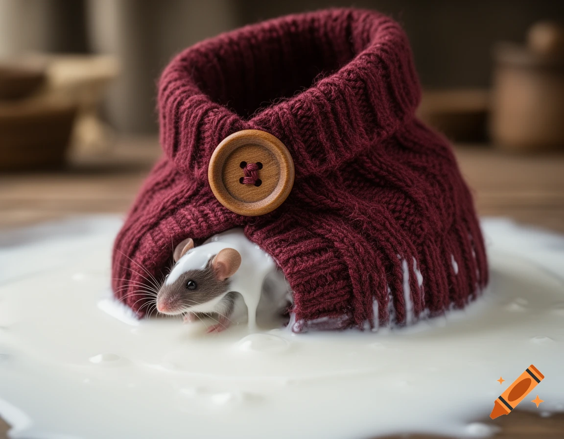 A cute mouse with white and brown fur peeks out from a burgundy knitted sweater with a wooden button, sitting in a puddle of white milk.