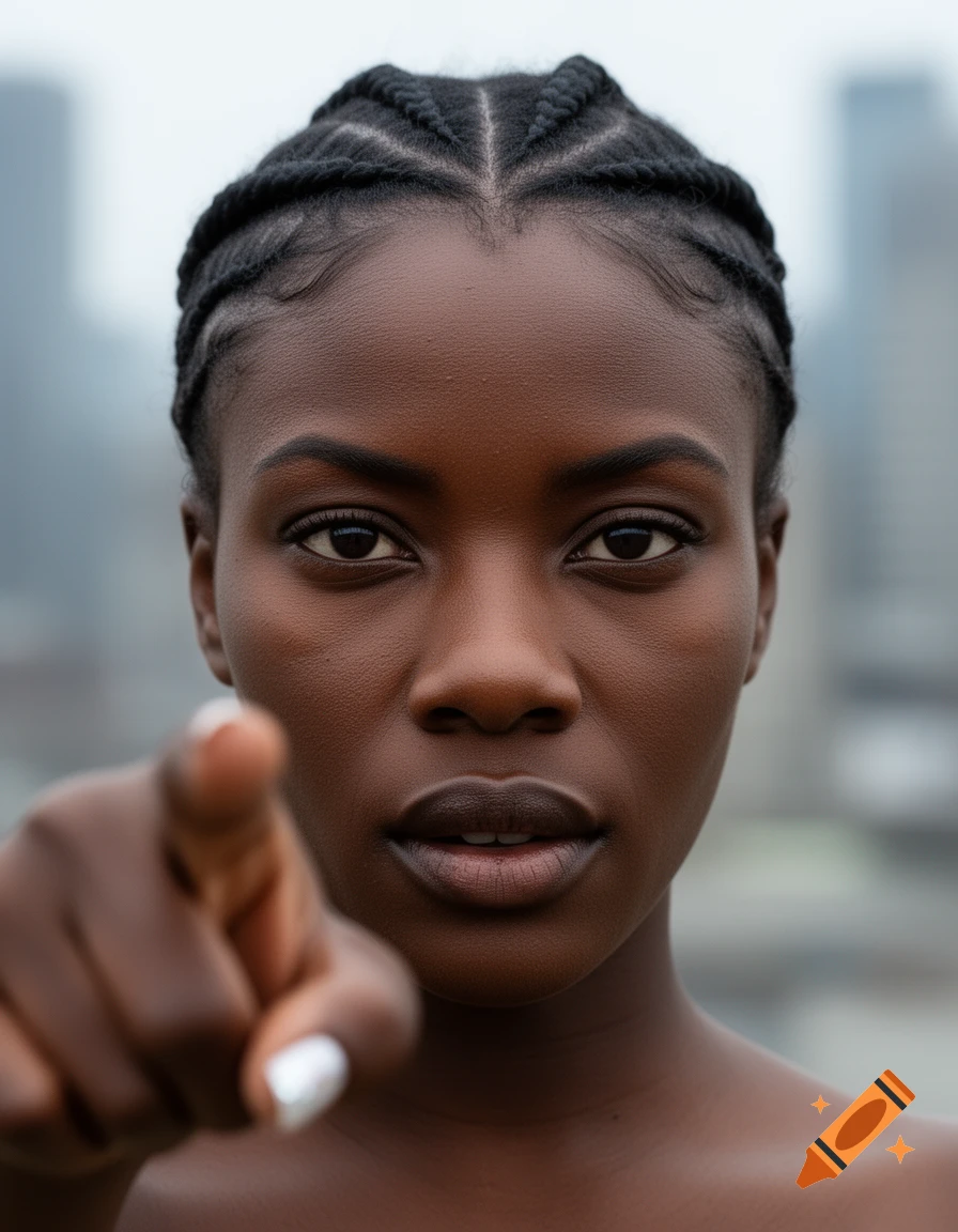 A close-up headshot of a Black woman with cornrows, looking directly at the viewer and pointing her index finger forward.