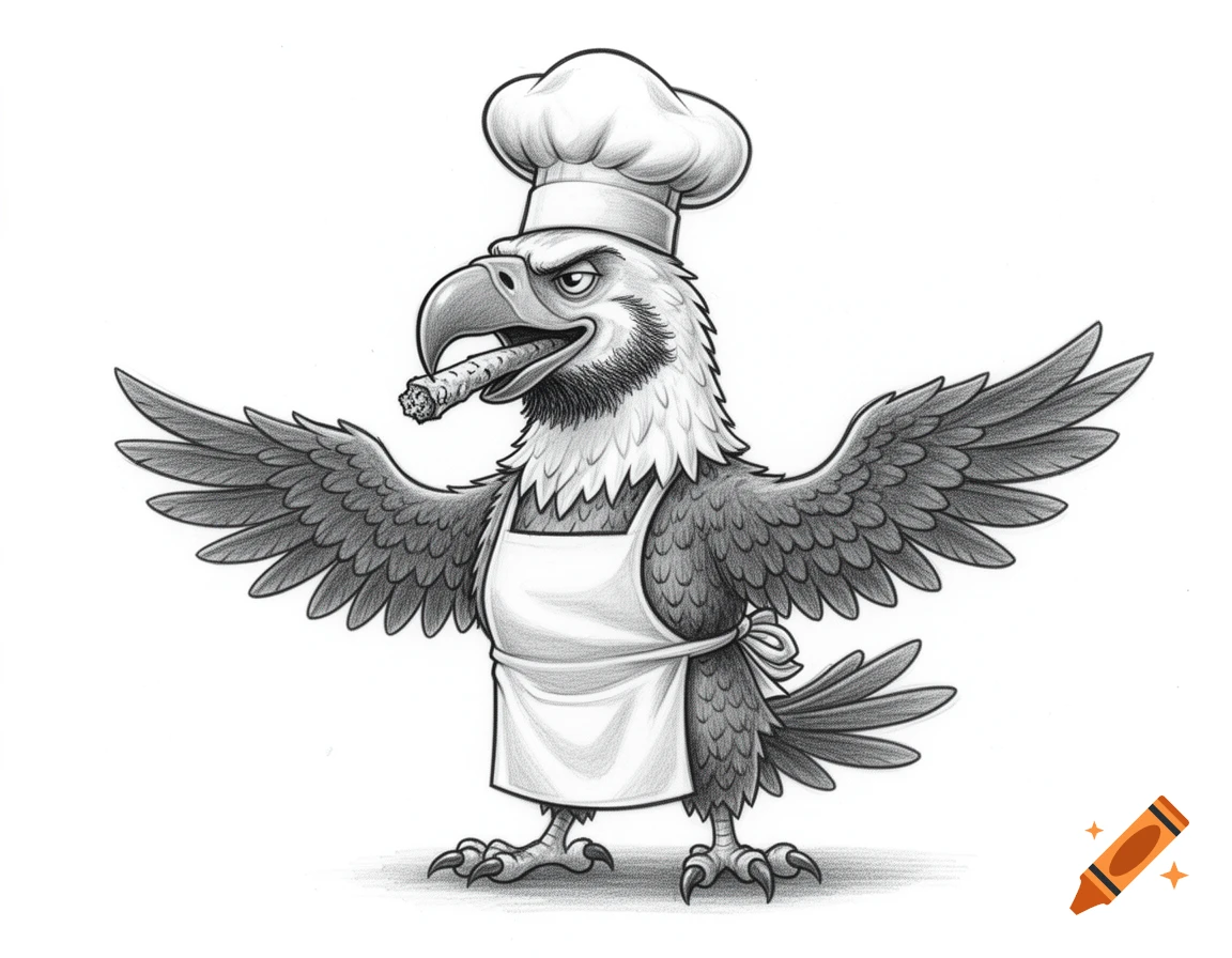 Cartoon pencil drawing of an eagle chef with a beard and a joint in its beak, wearing a chef's hat and apron.