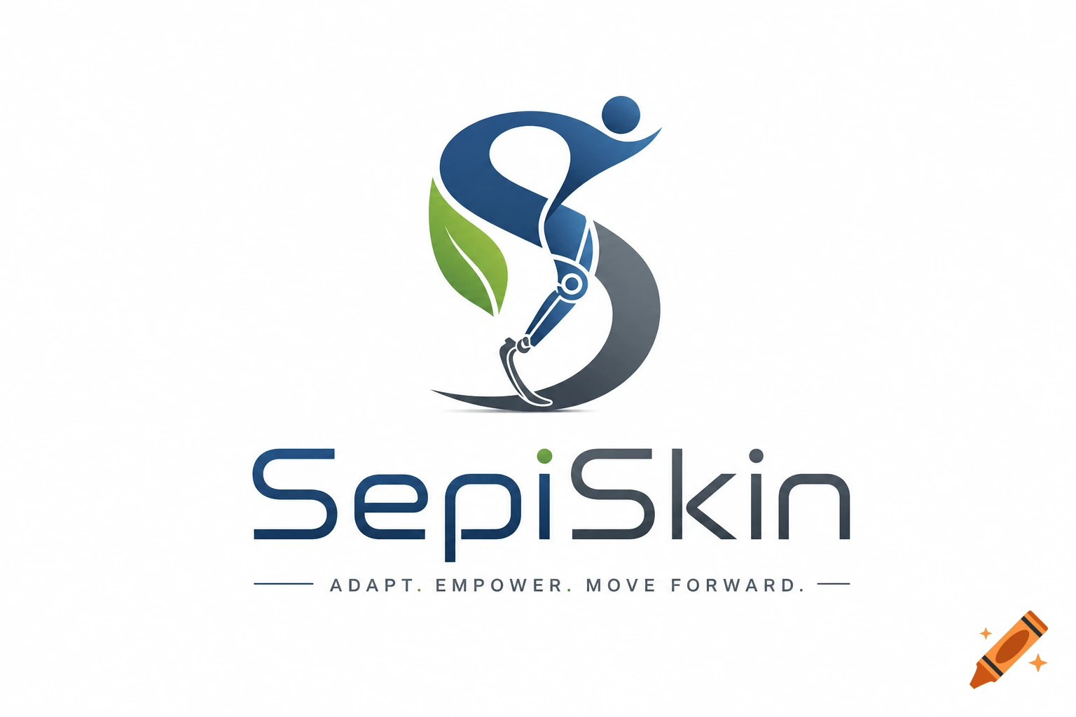 SepiSkin logo: A blue and grey 'S' with a person having a prosthetic leg and a green leaf. Below, the text 'SepiSkin ADAPT. EMPOWER. MOVE FORWARD.'