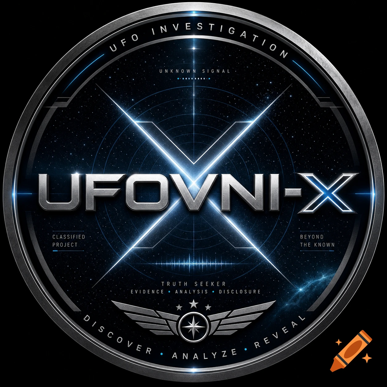 A circular metallic logo for "UFOVNI-X" on a dark starry space background, featuring a glowing blue X, radar waves, and text related to UFO investigation.