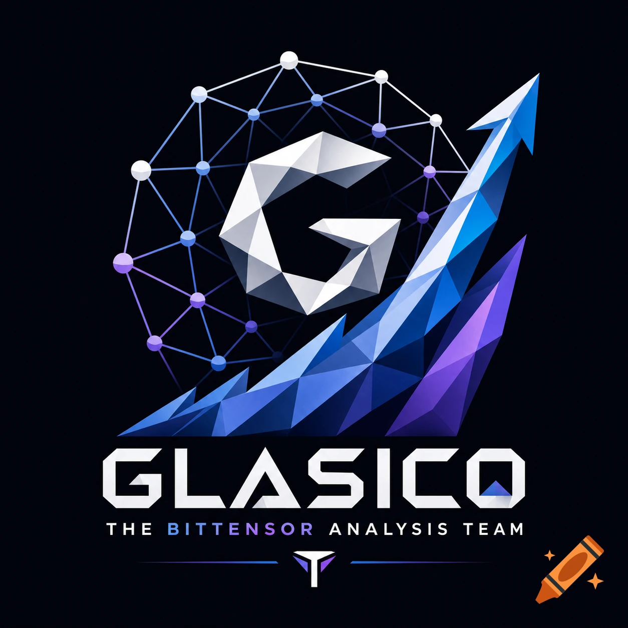 Geometric logo with a faceted white 'G' in a network, a blue and purple upward arrow, and 'GLASICO THE BITTENSOR ANALYSIS TEAM' text.
