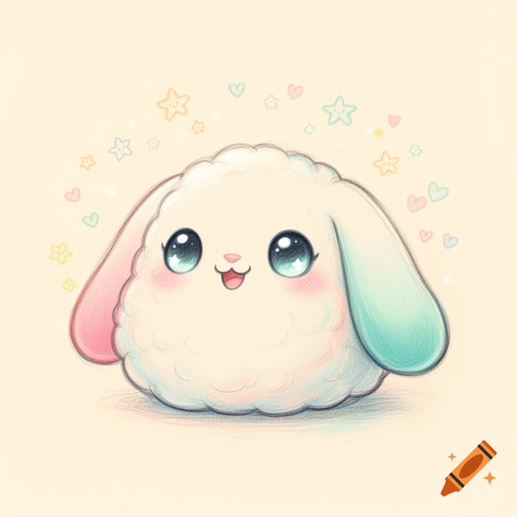 A cute, fluffy white bunny with large blue eyes, pastel pink and teal floppy ears, surrounded by stars and hearts, in a kawaii sketch style.