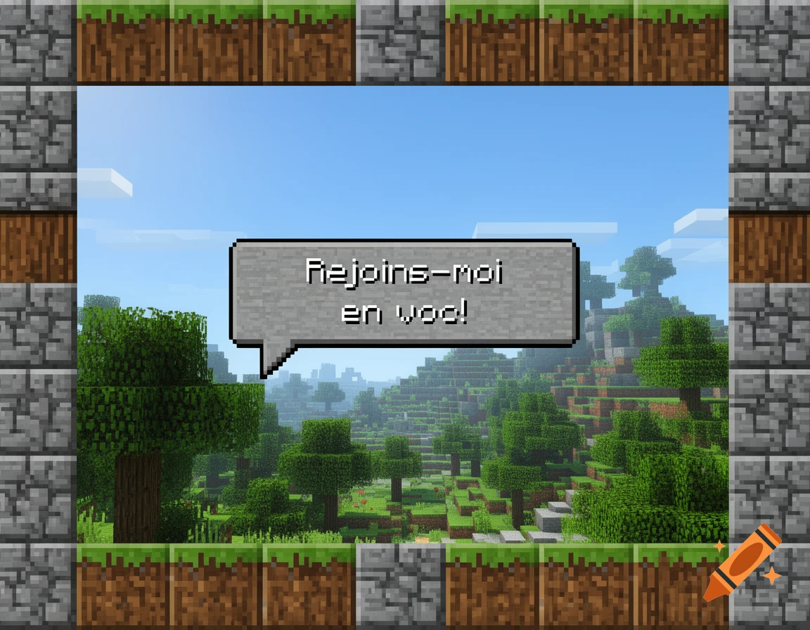 A pixelated Minecraft landscape with a chat bubble saying "Rejoins-moi en voc!" (Join me on voice chat!), framed by dirt and stone blocks.