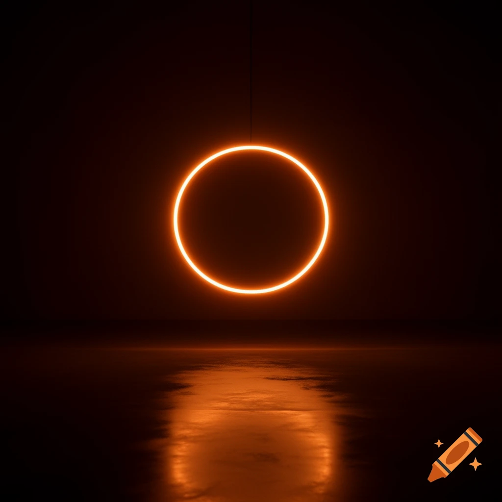 A vibrant neon orange glowing circle suspended in a dark, reflective room.