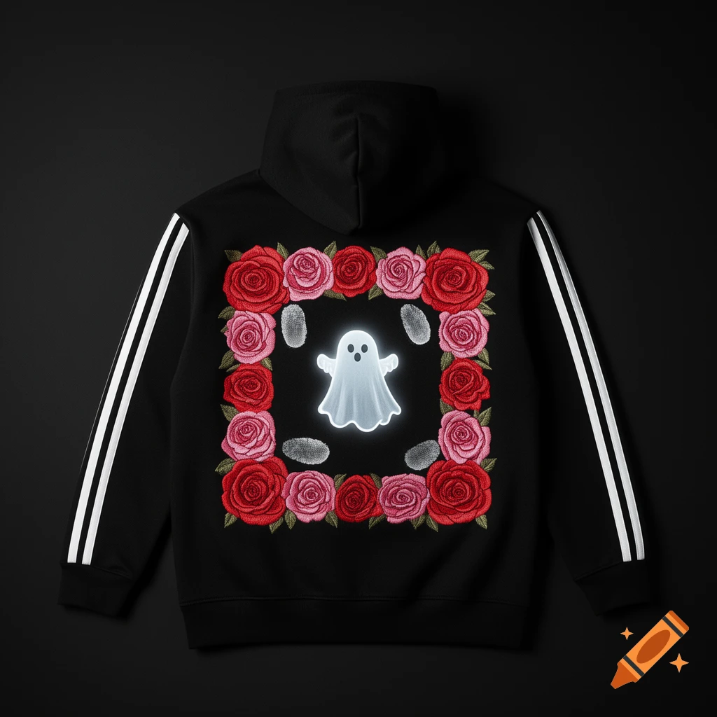A black hoodie laid flat, featuring a large square embroidery on the back made of red and pink roses. Inside the rose frame, a glowing, translucent cartoonish ghost is centered among faint dark grey shapes. The sleeves have bold white stripes.
