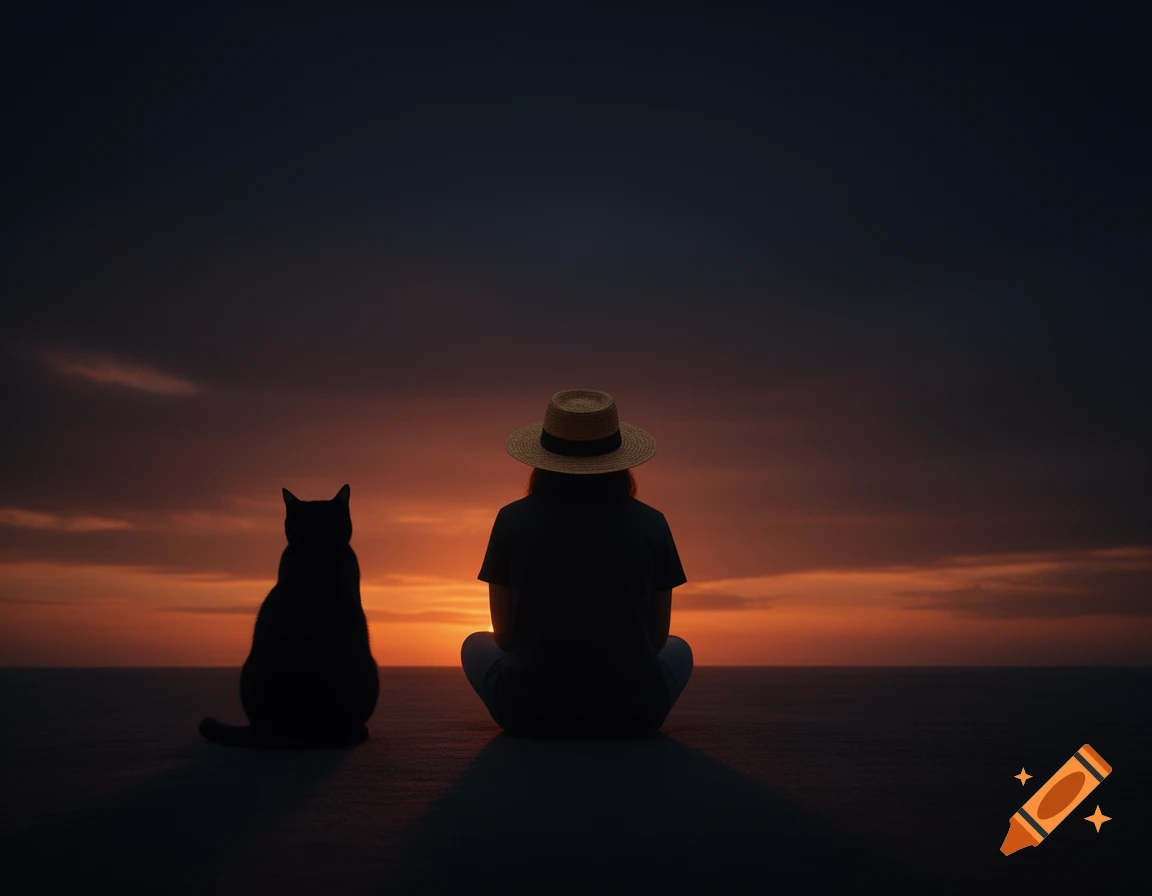 A person in a straw hat and a cat sit silhouetted against a vibrant orange and dark blue sunset.