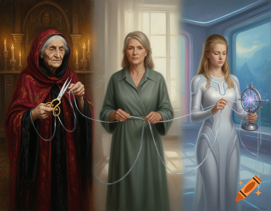 Oil painting of three women across time: an old crone cutting a string, a middle-aged woman measuring, and a young maiden spinning in a futuristic setting.