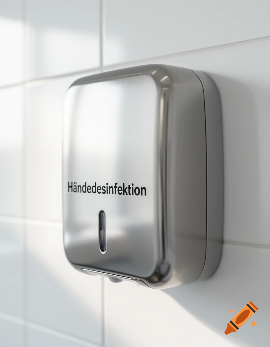 A photorealistic image of a stainless steel hand sanitizer dispenser on a white tiled wall, with 'Händedesinfektion' written on it.