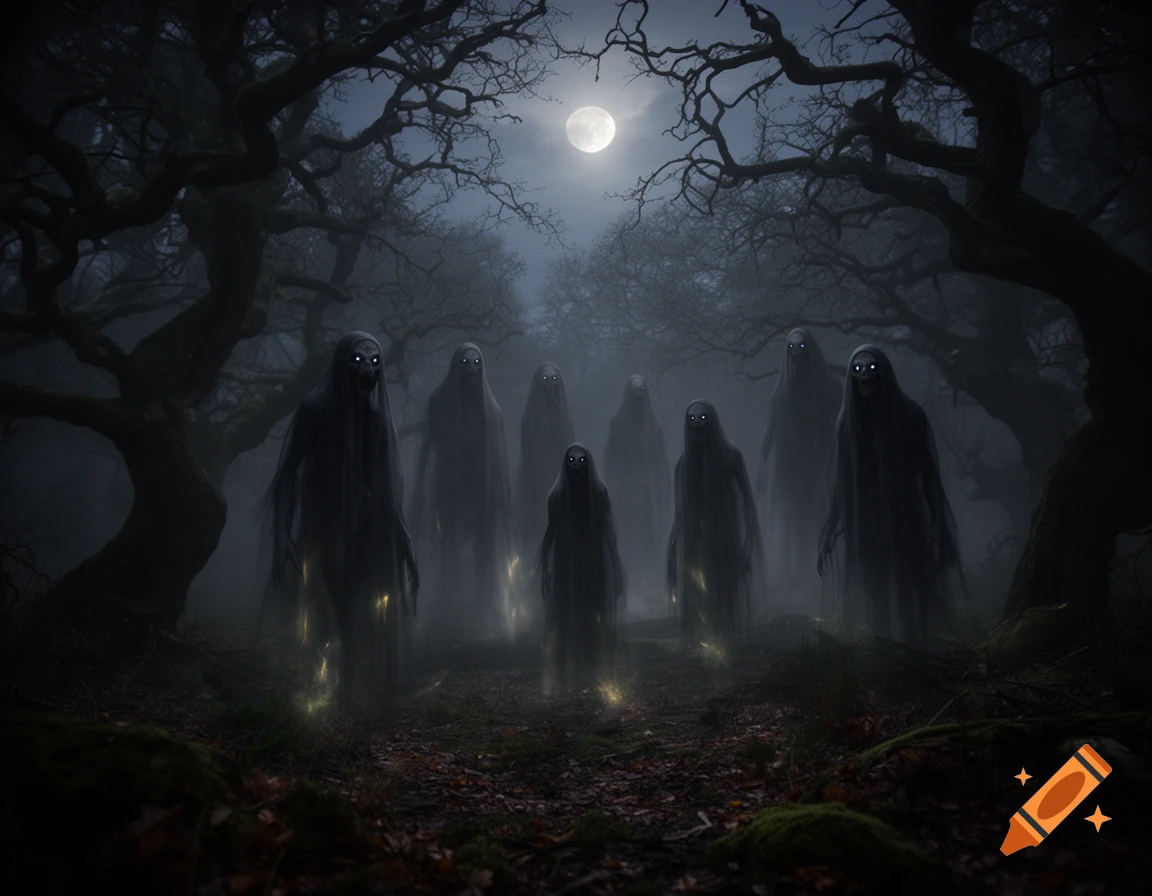 A dark, misty forest at night under a full moon, with multiple spectral, cloaked figures with glowing eyes and hands.