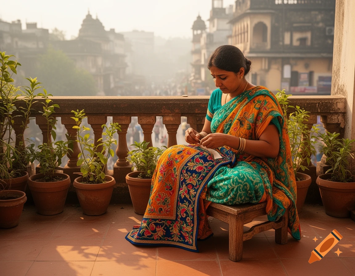 A woman in a colorful sari sews on a balcony with potted plants, overlooking a hazy Indian cityscape.