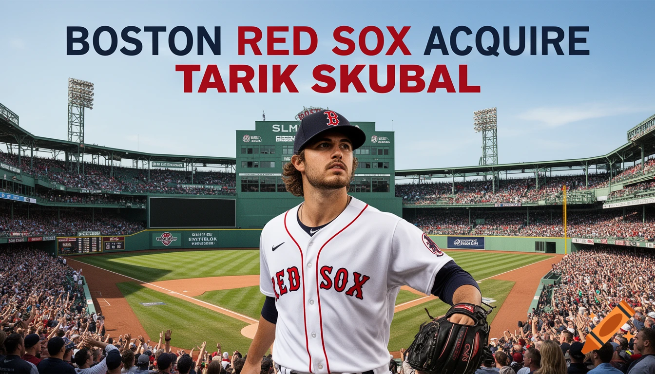 A baseball player in a Boston Red Sox uniform stands in Fenway Park with text announcing "BOSTON RED SOX ACQUIRE TARIK SKUBAL".