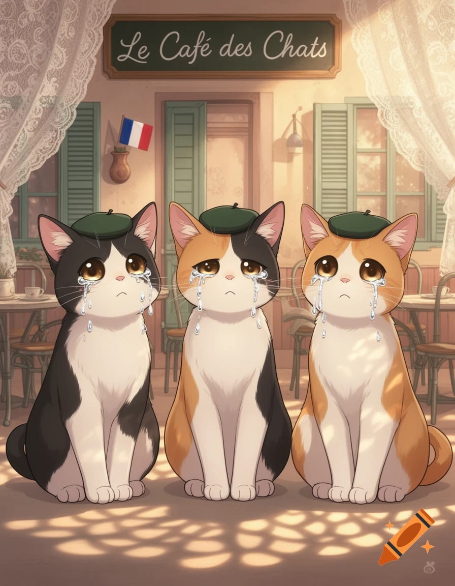 Three anime-style crying cats, black and white, calico, and orange and white, wearing green berets, sit in front of a French cafe called 'Le Café des Chats'.