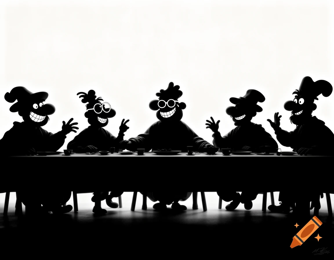 Five cheerful black cartoon silhouettes with white eyes and smiling mouths sit at a table in a black and white image.