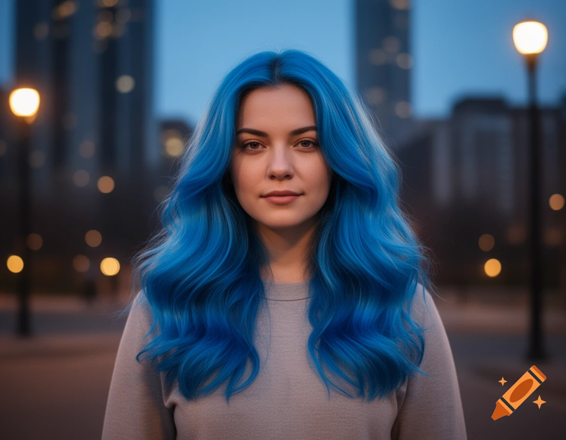 Photorealistic portrait of a young woman with bright blue wavy hair and a grey shirt, against a blurred city street at dusk.