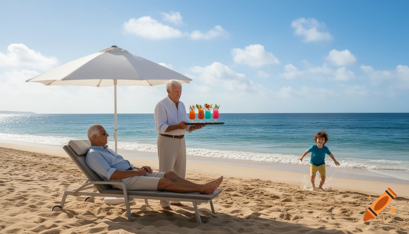 An older man relaxes on a lounge chair under an umbrella on a sunny beach, a server brings cocktails, and a child plays in the ocean.