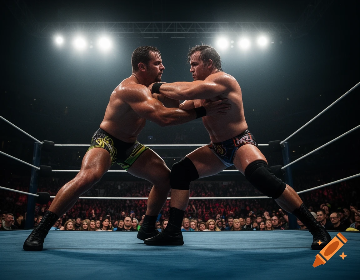 Two muscular male wrestlers grapple in a brightly lit ring before a crowded arena in a photorealistic style.