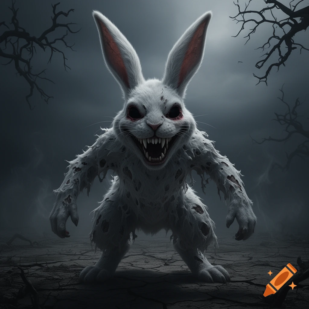 A terrifying, demonic white rabbit with sharp teeth and red, gouged eyes stands in a desolate, dark landscape with bare trees.