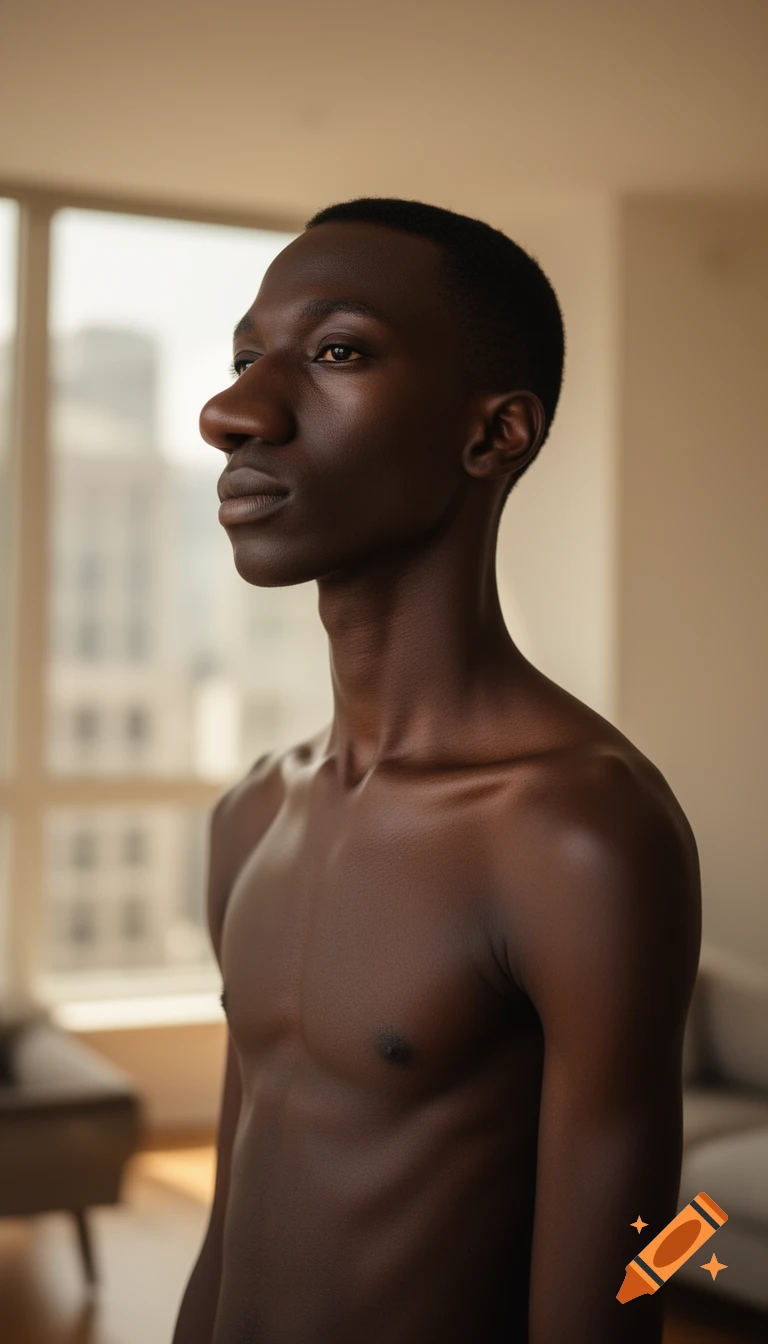 A photorealistic portrait of a shirtless, skinny Black man with a large nose and prominent Adam's apple, looking left.