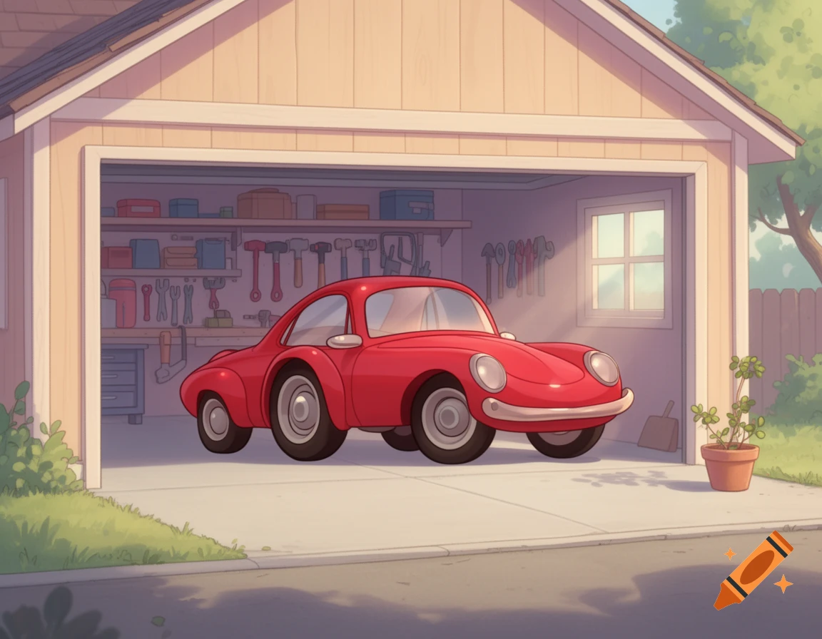 A bright red cartoon car is parked inside a garage filled with various tools on shelves.