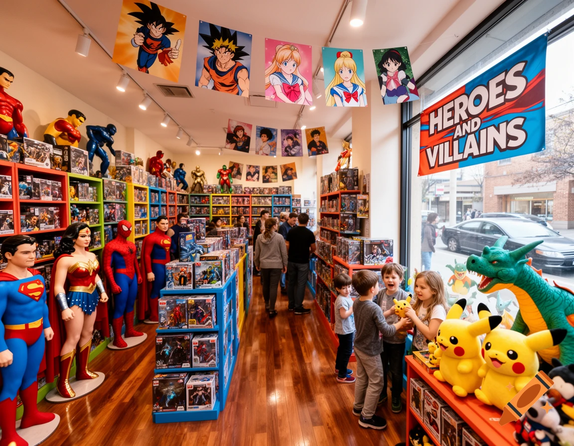 A vibrant toy store named "Heroes and Villains" filled with superhero statues, anime posters, and shelves of toys. Children play with Pokémon plushies near the window, while adults browse the aisles.