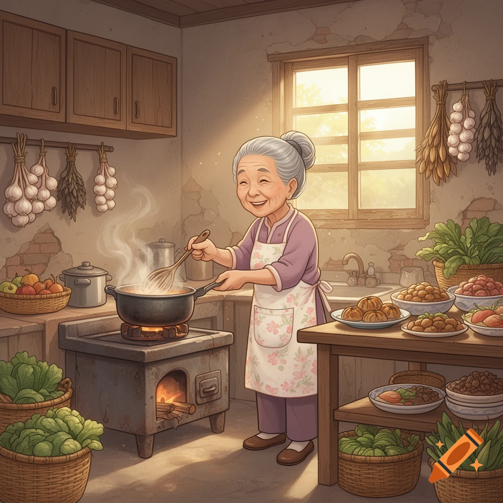 A heartwarming storybook cartoon illustration of an elderly Taiwanese grandmother cooking in her traditional kitchen, stirring a steaming pot on a wood-fired stove.