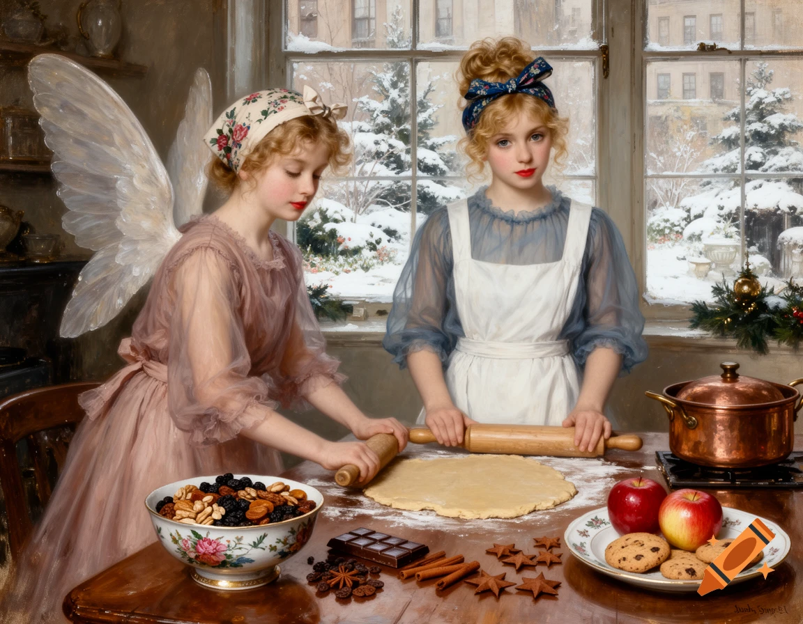 Oil painting of two girls, one with fairy wings, baking Christmas cookies in a Victorian kitchen with a snowy garden outside.