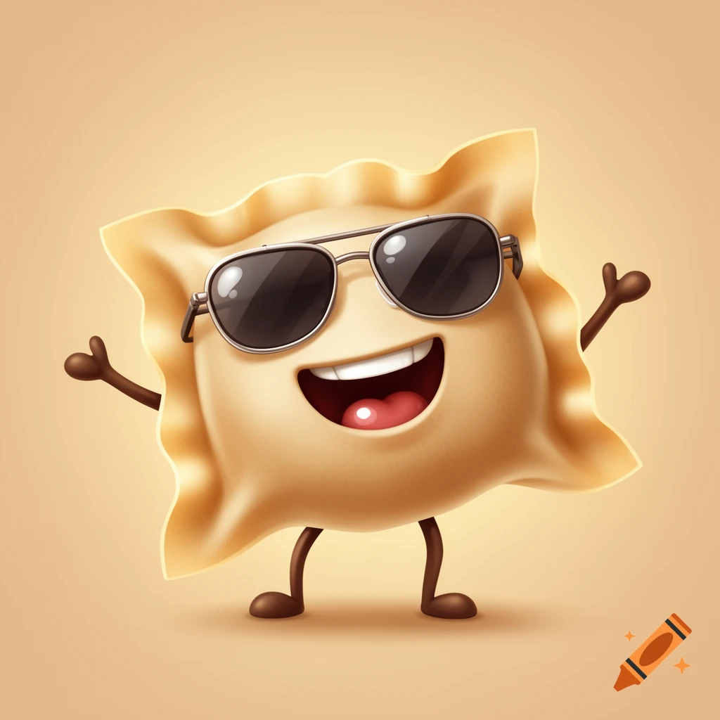 A happy cartoon wonton character wearing sunglasses, smiling, with arms waving and legs.