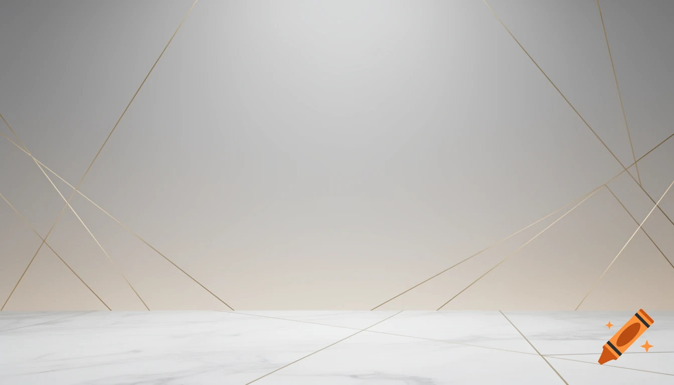 Minimalist background with a light grey to warm grey gradient, subtle gold geometric lines, and a white marble floor.