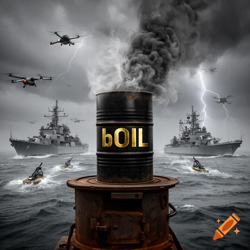 A crude oil barrel labeled 'bOIL' boils on a stove in a stormy ocean, surrounded by warships and drones.