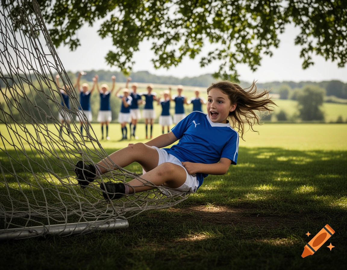 A young girl in a blue soccer uniform, with wind-swept hair, lies tangled in a goal net on a sunny green field, with teammates in the background.