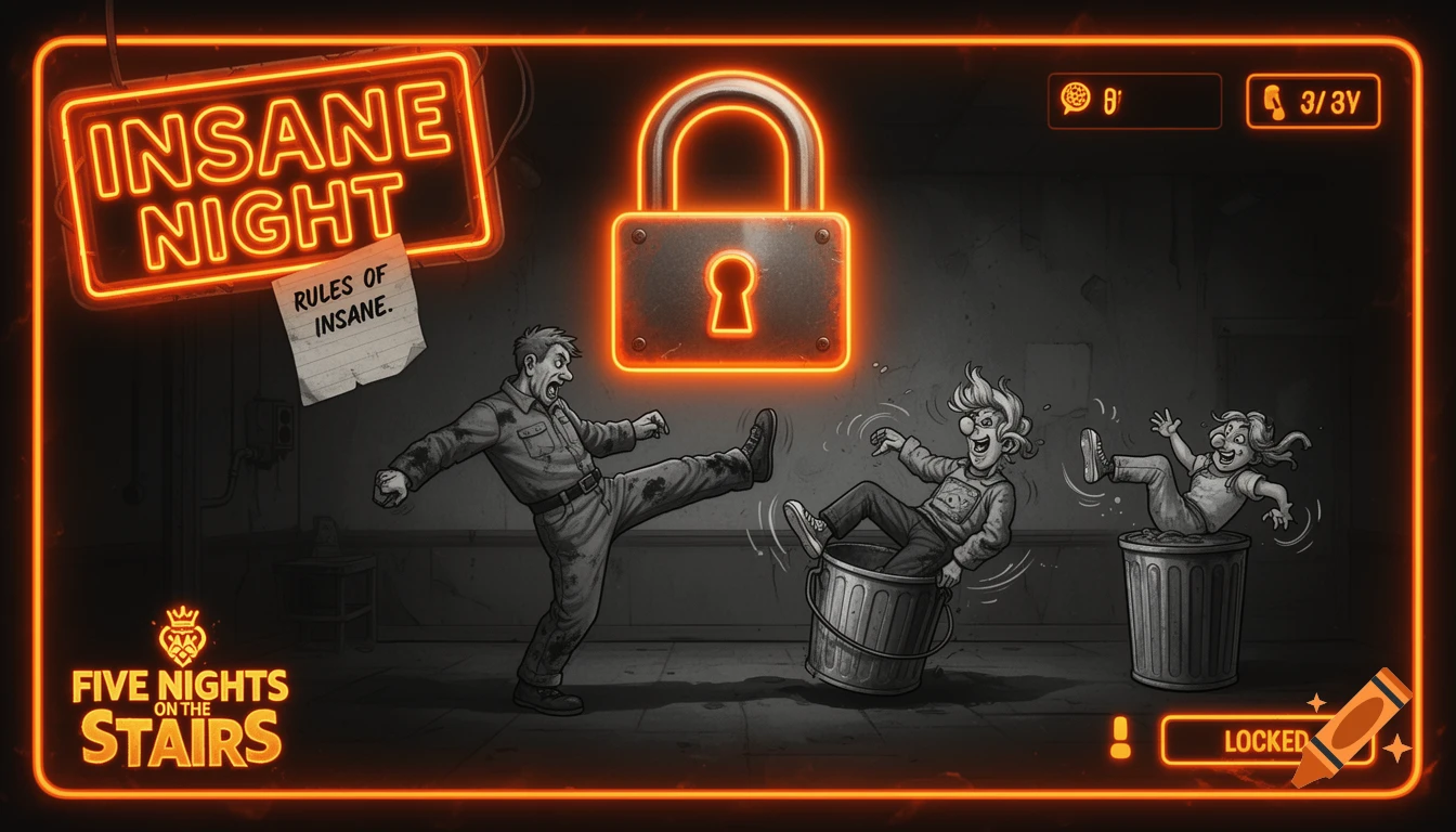 A neon orange game banner features a grayscale comic fight with a man kicking two people into trash cans, under a large 'LOCKED' padlock.