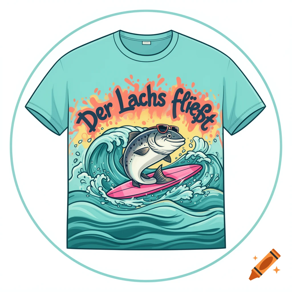 Light blue t-shirt with a cartoon salmon in sunglasses surfing on a pink board on teal waves, with text 'Der Lachs fließt' above.