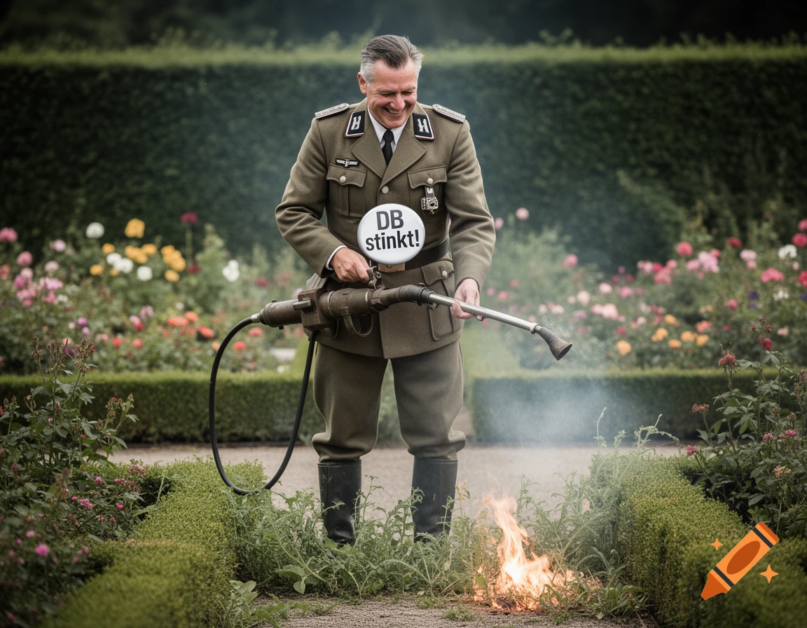 A grinning man in a German-style military uniform burns weeds in a rose garden with a weed burner, wearing a button that says "DB stinkt!"