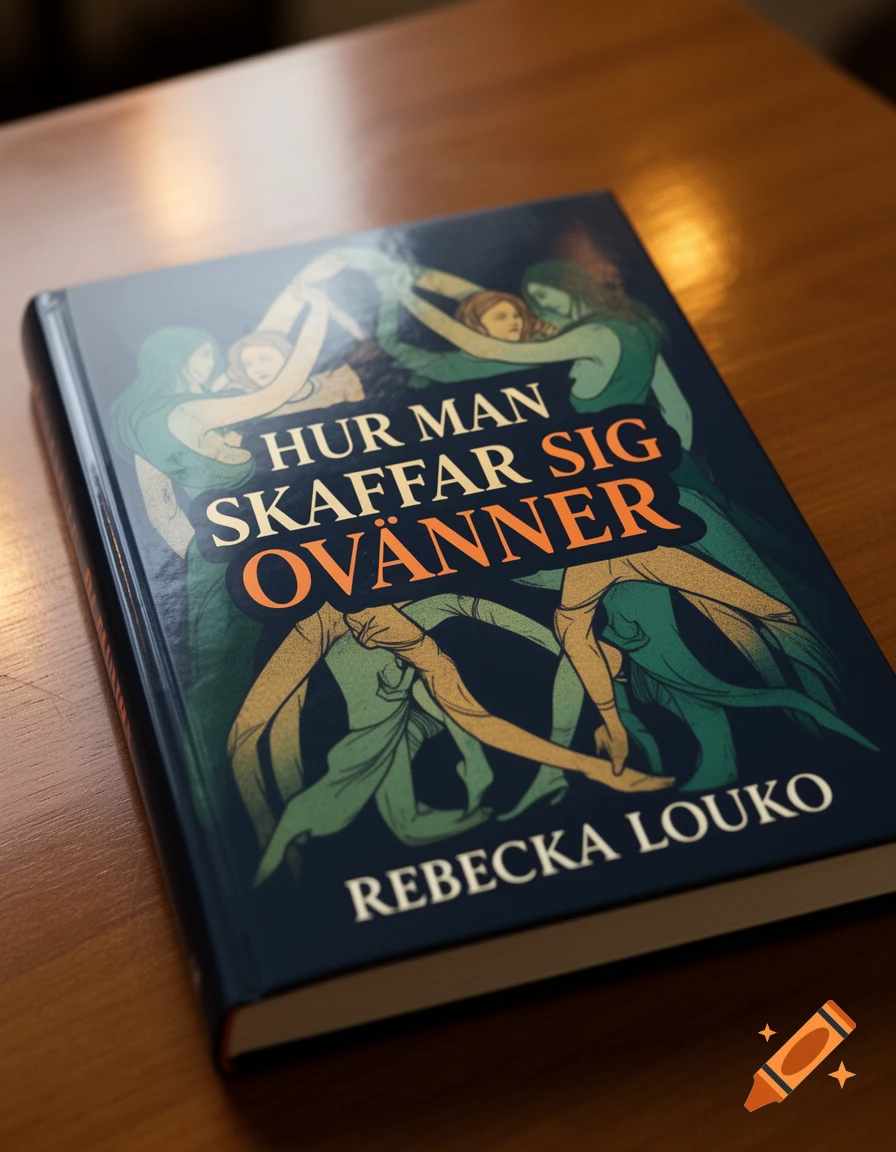 A close-up of a dark blue book, "Hur man skaffar sig ovänner" by Rebecka Louko, with stylized green and gold figures on the cover, resting on a wooden table.