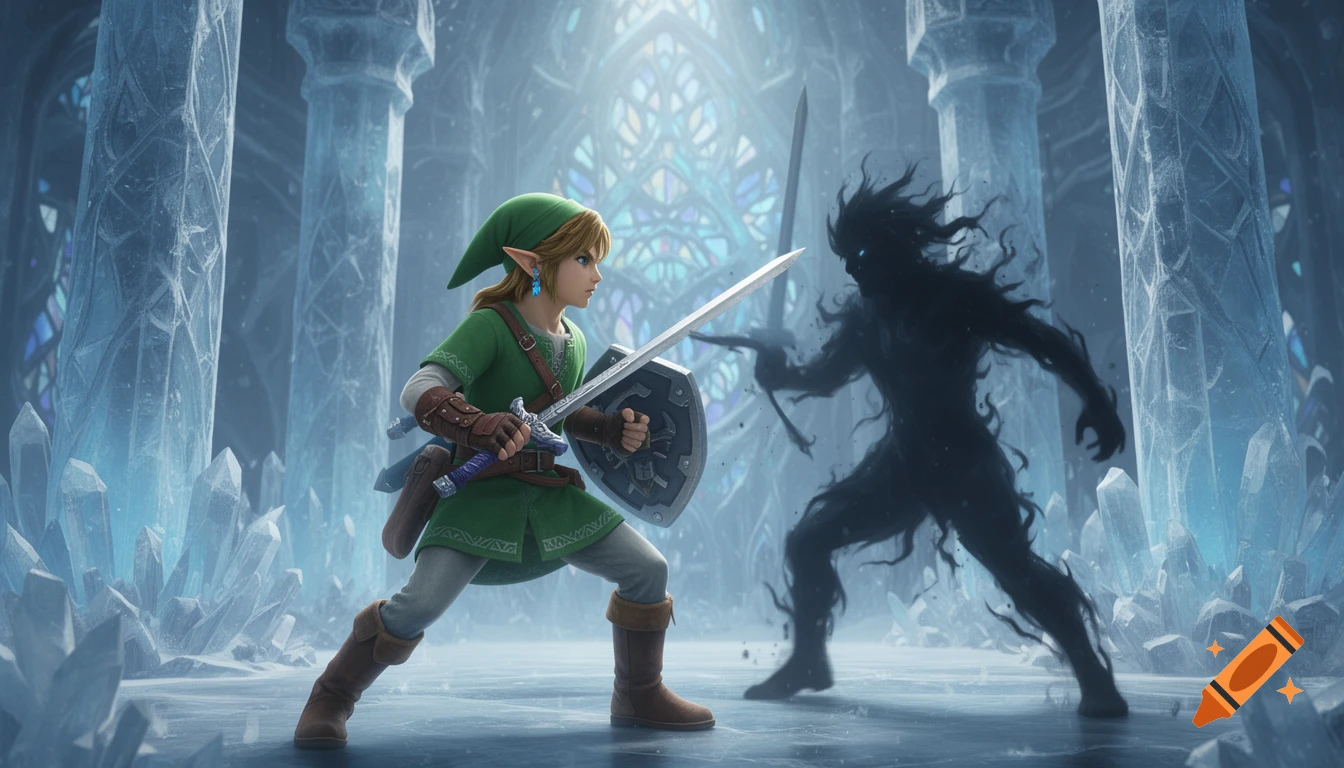 Link wielding a sword and shield confronts a dark shadow figure in a cinematic crystalized ice chamber.