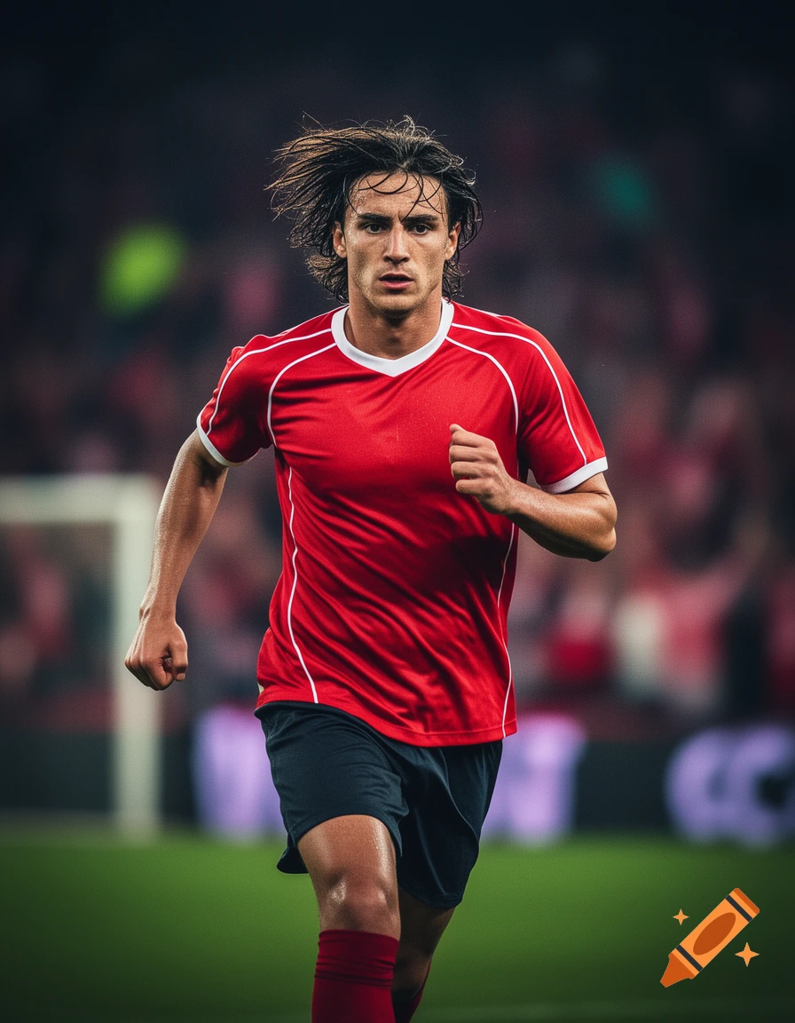 A male soccer player with long dark hair in a red jersey and black shorts runs on a green field during a game.