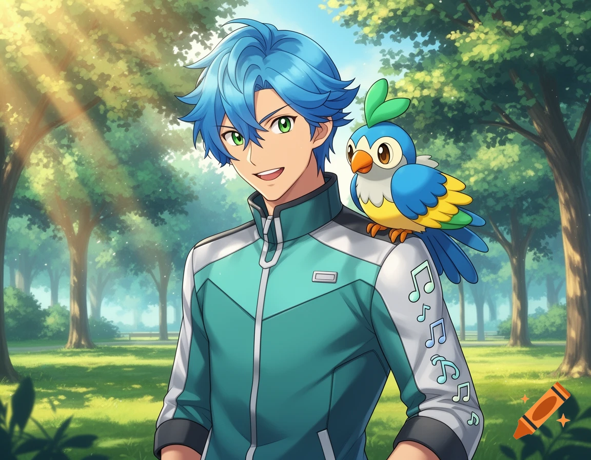 An anime man with blue hair and green eyes, wearing a teal and white jacket with musical notes on the sleeve, smiles with a colorful Chatot bird on his shoulder in a sunny park.