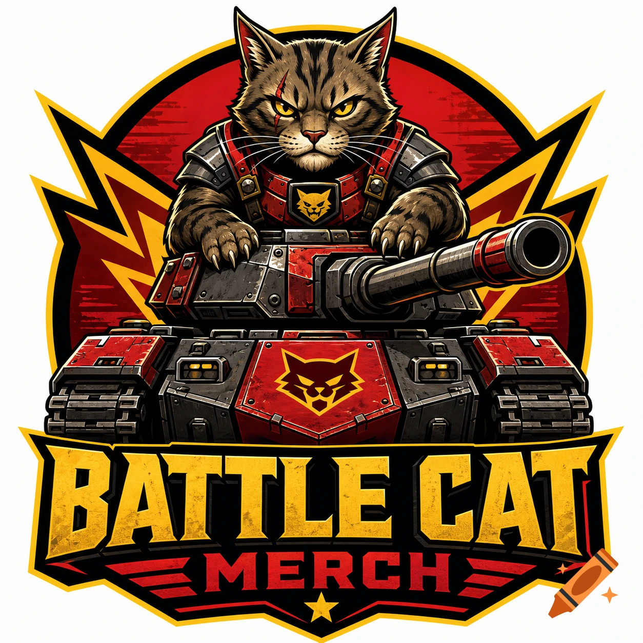 A fierce tabby cat in armor drives a red and black tank, with 'BATTLE CAT MERCH' text below, in a bold logo style.