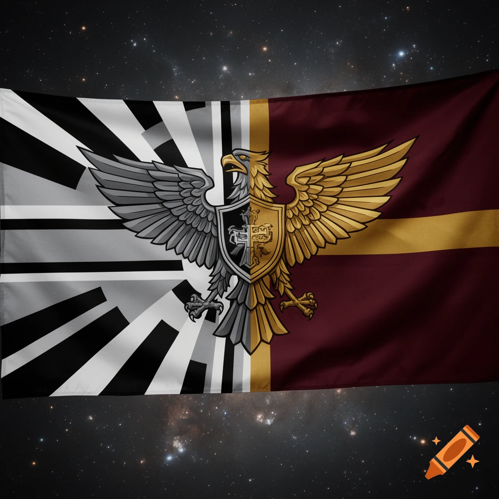 A flag design blending symbols from Star Wars' Galactic Empire and Warhammer 40K's Imperium, featuring a two-toned eagle over a starry background.