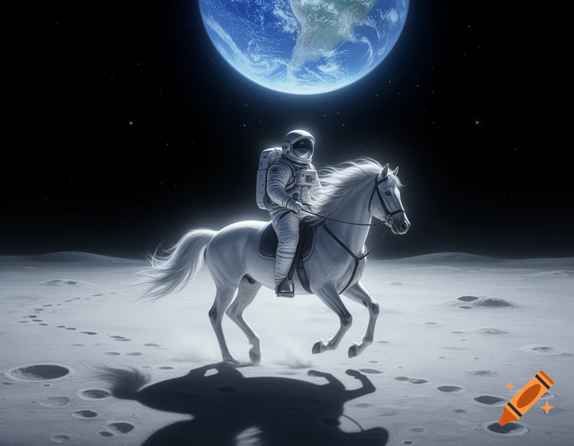An astronaut in a white suit rides a white horse across the gray, cratered moon surface, with a glowing blue Earth in the dark sky.