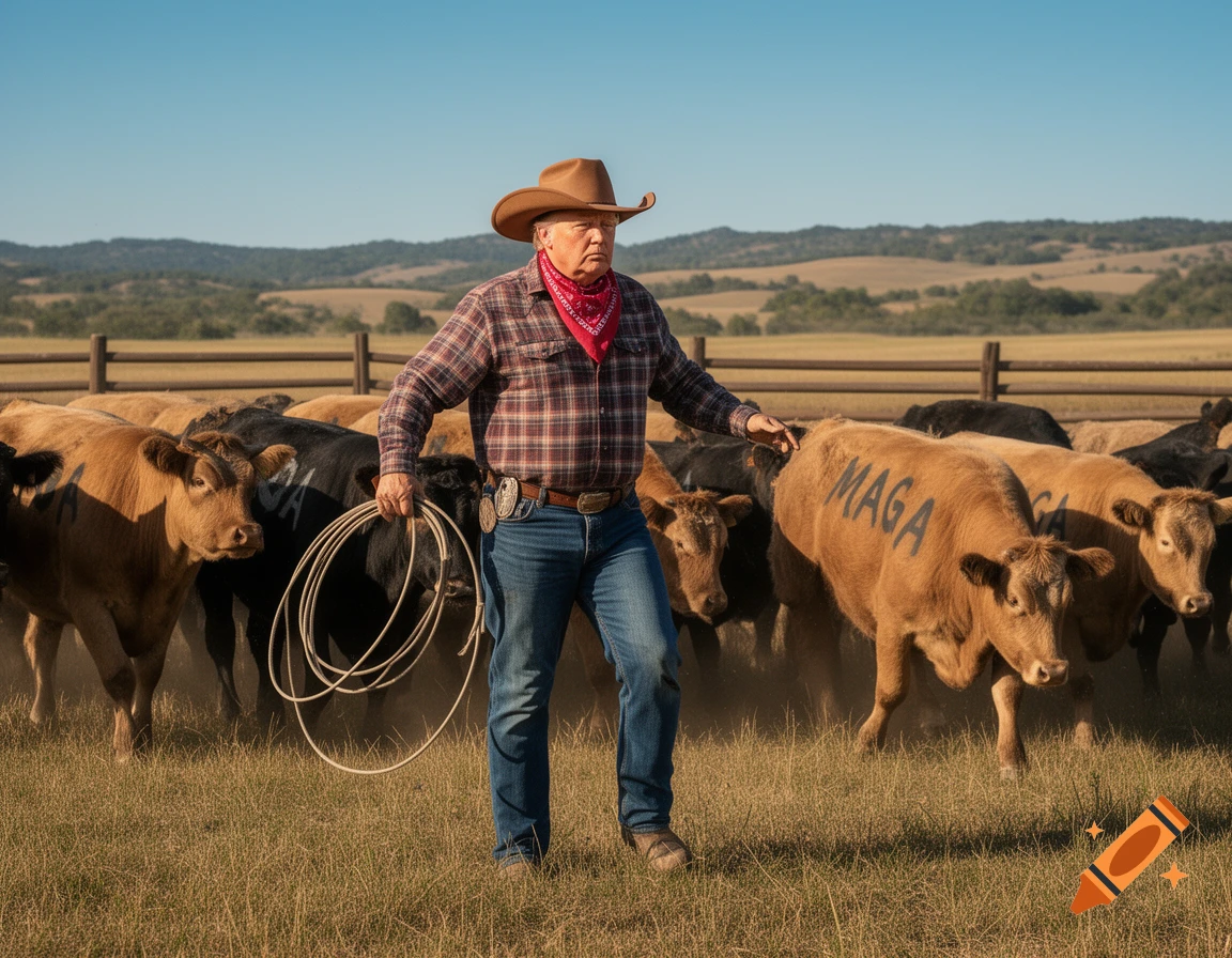 A rancher, resembling Donald Trump, herds cows, one with "MAGA" on its side, in a sunny field.