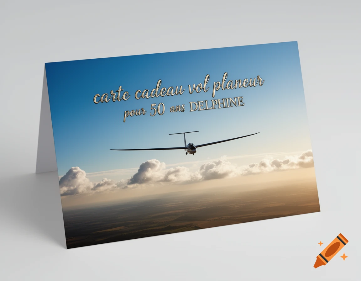 A photorealistic gift card featuring a glider soaring in a blue sky over clouds, with French text for a 50-year glider flight.