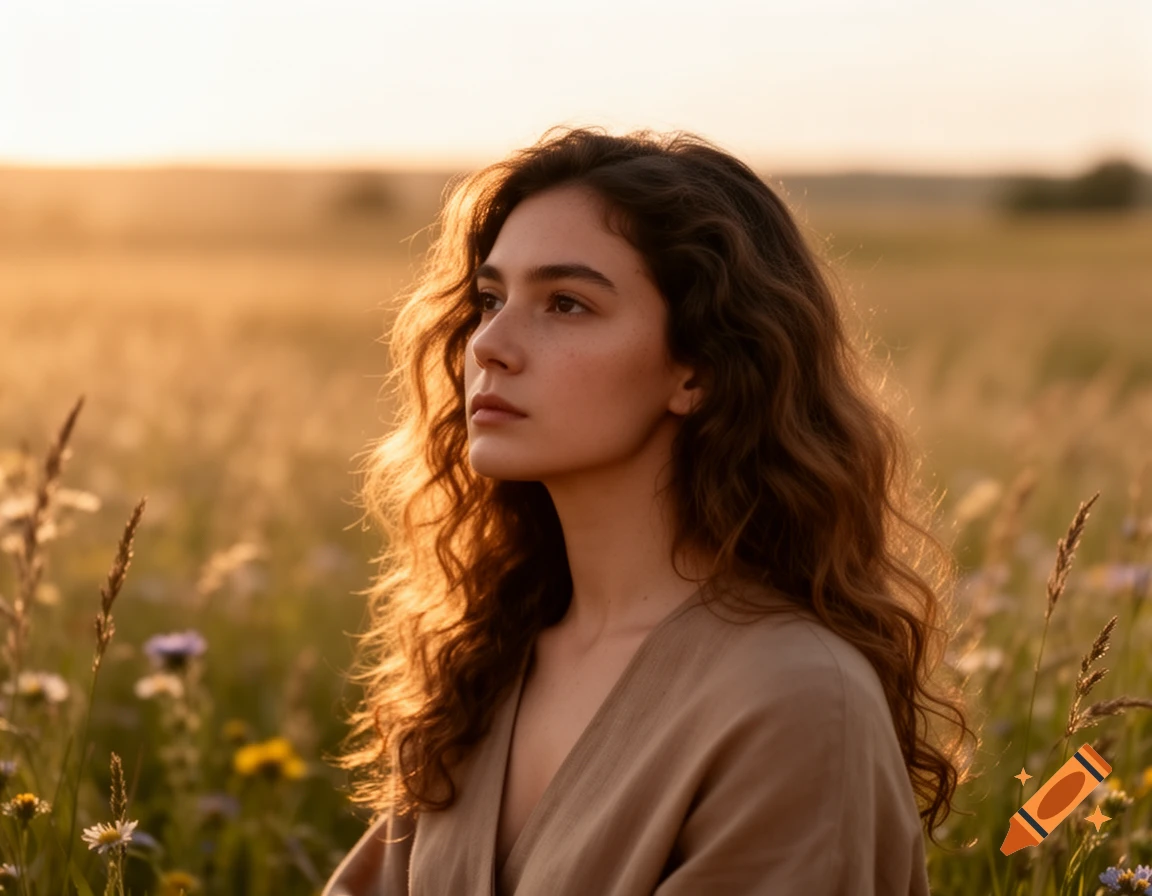 A young woman with long wavy brown hair looks up in a golden field with wildflowers at sunset, photorealistic.