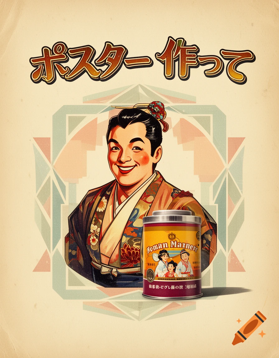 Vintage Japanese poster featuring a smiling man in traditional attire next to a product can, with Japanese text overhead.