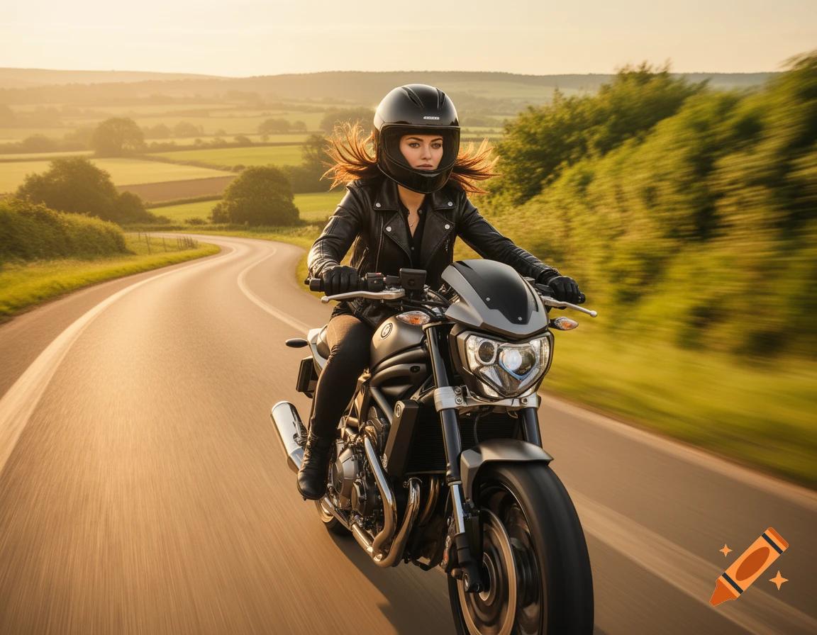 A woman in a black leather jacket and helmet rides a motorcycle down a winding country road at sunset. Photorealistic.
