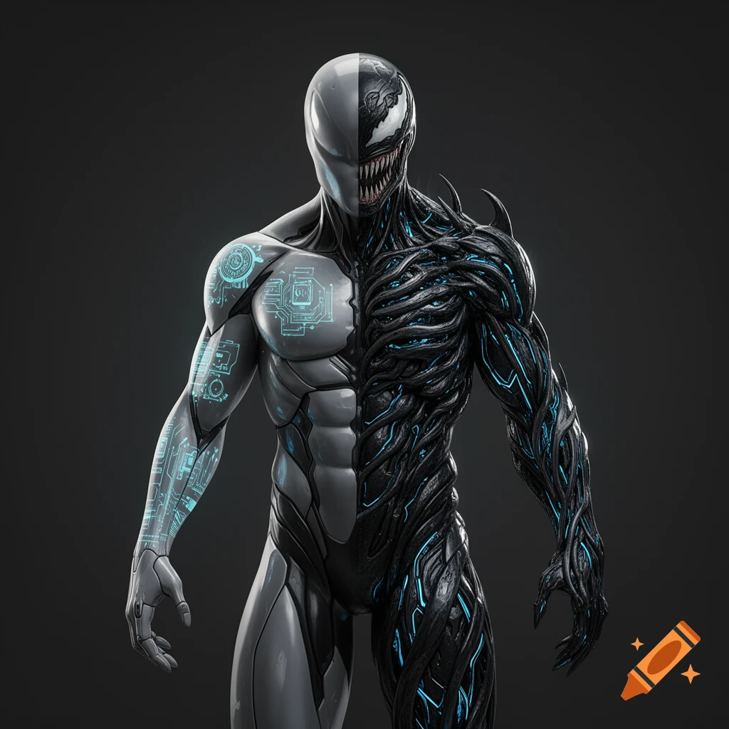 A detailed 3D render of a male figure, half white futuristic cyborg with glowing blue circuits, and half dark Venom symbiote.